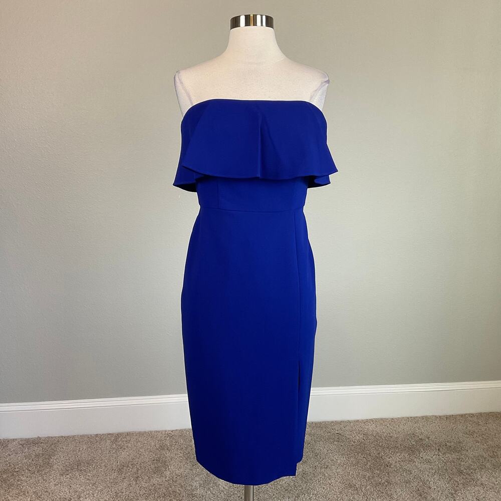 Aidan Mattox Colorful Strapless Ruffled Midi Sheath Cocktail Dress Blue Size 8 - Picture 2 of 11